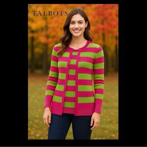 Talbots Striped Pink Green 2 Piece Women's Cardigan Sweater Set M L